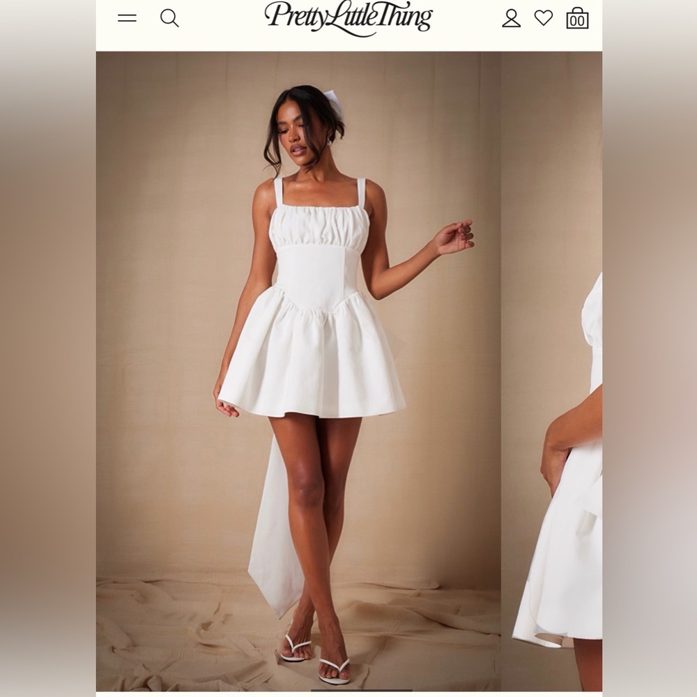 PrettyLittleThing Premium White Woven Bow Detail Mini Dress